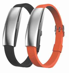 an orange and black leather The Bands activity tracker from FitNLife
